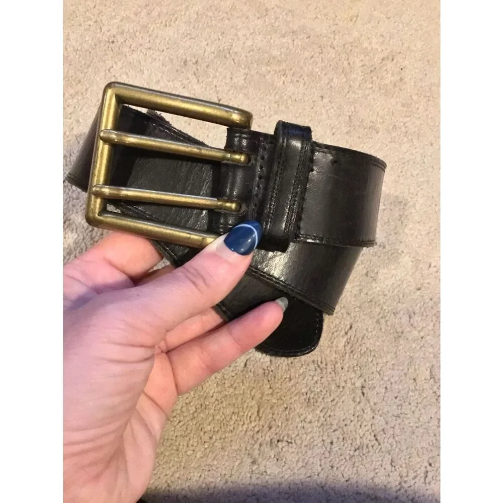 Vintage Black Leather Belt with Brass Buckle